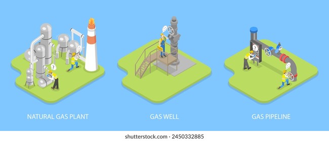 Ilustración vectorial plana isométrica 3D de extracción de gas natural, obtención de energía fósil