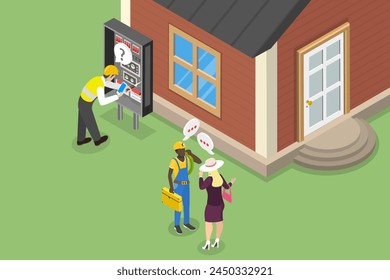 3D Isometric Flat Vector Illustration of Electricity Meter, Repair Service