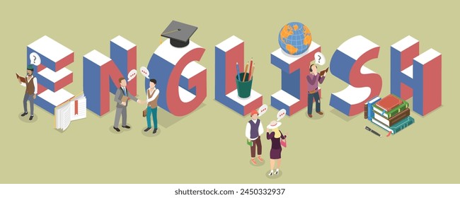 3D Isometric Flat Vector Illustration of Learning English, Education, Foreign Language