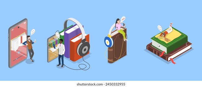 3D Isometric Flat Vector Illustration of Virtual Library, Online Education