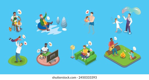 3D Isometric Flat Vector Illustration of Playing With Dad, Fatherhood, Daddy Super Hero