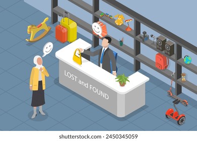 3D Isometric Flat Vector Illustration of Lost And Found Luggage Office, Baggage Claim