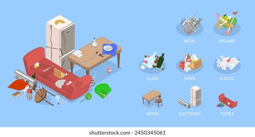 Ilustración vectorial plana isométrica 3D de la clasificación y el reciclaje de basura, gran montón de basura