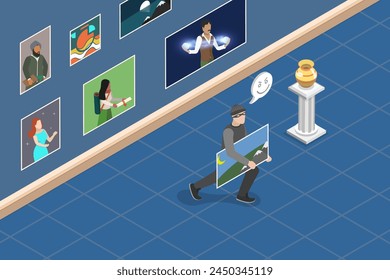 3D Isometric Flat Vector Illustration of Stealing Painting, Art Gallery Robbery