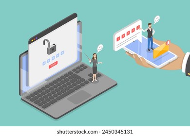 Ilustración vectorial plana isométrica 3D de la autenticación de dos pasos, verificación multifactor 2FA