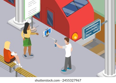 3D Isometric Flat Vector Illustration of Live Video Streaming, Influencer Shooting for his Vlog