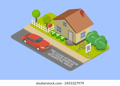 Ilustración vectorial plana isométrica 3D del control de velocidad, reglas de conducción segura y consejos