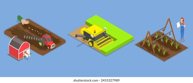 3D Isometric Flat Vector Illustration of Agricultural Machinery, Rural Industrial Farm Transport