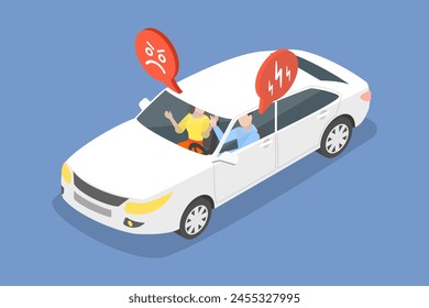 3D Isometric Flat Vector Illustration of Fighting In Car, Unsafe Vehicle Driving