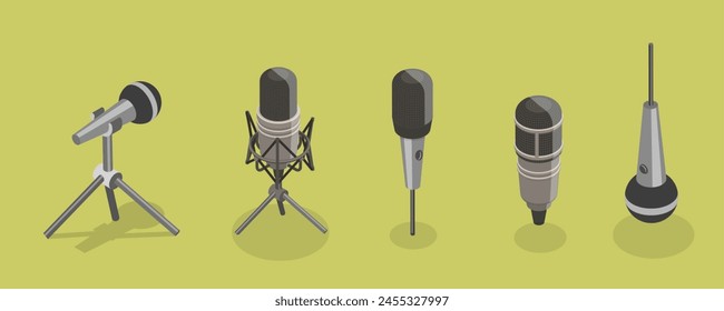 3D Isometric Flat Vector Illustration of Music Microphones, Professional Sound Recording Equipment