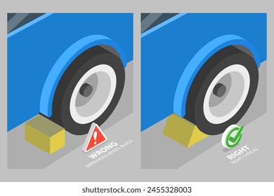 3D Isometric Flat Vector Illustration of Proper Chocking Placment, Driving Rules And Tips svg