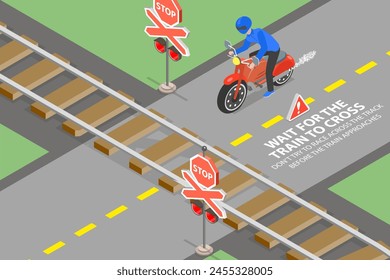 3D Isometric Flat Vector Illustration of Crossing Railways, Safe Riding Rules