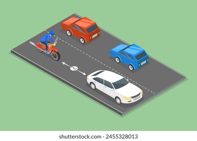 3D Isometric Flat Vector Illustration of Motorcycle Safe Following Distances, Driving Tips And Rules