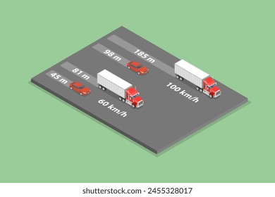 Ilustración vectorial plana isométrica 3D de distancias de frenado de camiones pesados, consejos de conducción y reglas