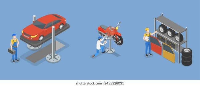 Ilustración vectorial plana isométrica 3D de los servicios de reparación de automóviles , Moto Shop