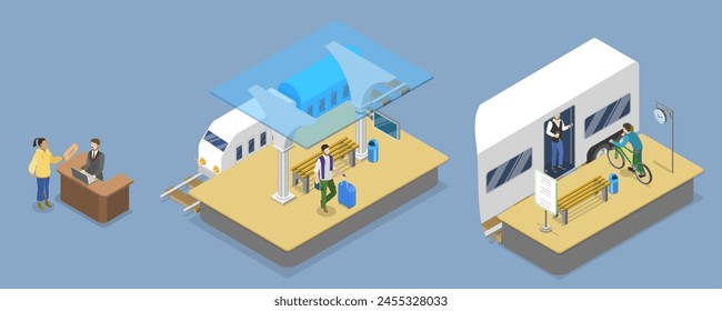 Ilustración vectorial plana isométrica 3D de la estación ferroviaria , andén ferroviario