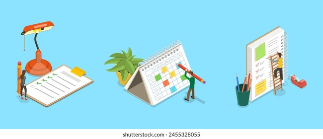 3D-isometrische flache Vektorillustration von Planungszeitplan, Termin, Kalenderanwendung