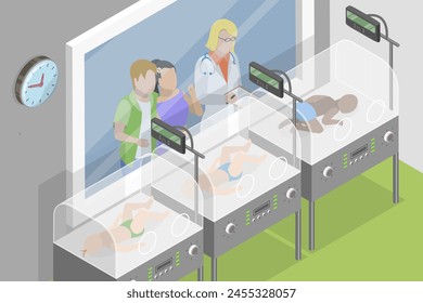 3D Isometric Flat Vector Illustration of Preterm Baby Incubators, Nurses Take Care about New Borns