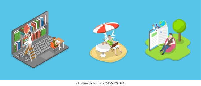 3D Isometric Flat Vector Illustration of Electronic Library, E-learning Online