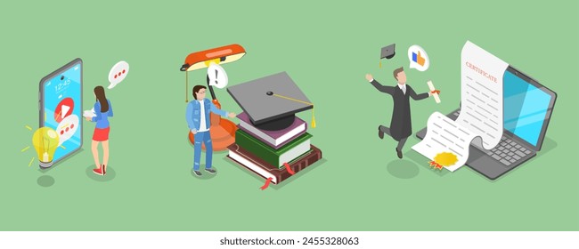 3D Isometric Flat Vector Illustration of Education, Student Learning Process