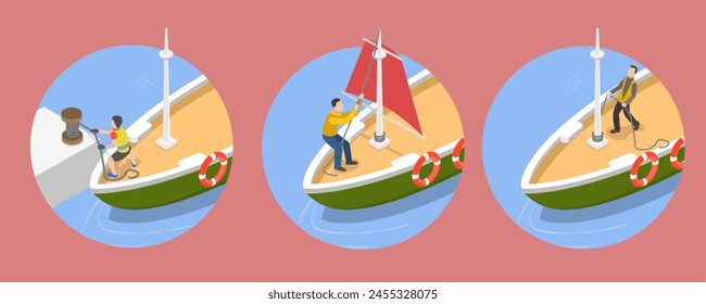 3D Isometric Flat Vector Illustration of Sailing Yacht, Marine Travel