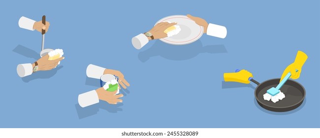 3D Isometric Flat Vector Illustration of Hands Washing Dishes, Dishwashing Process