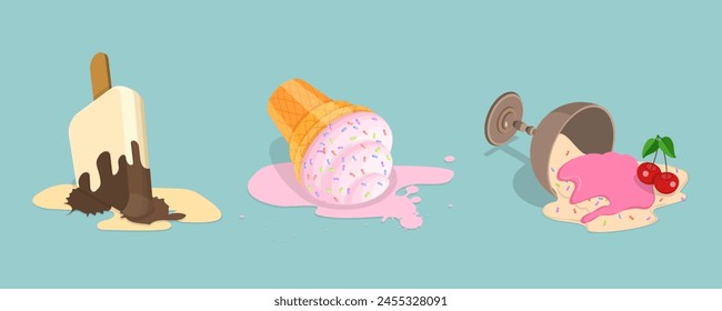 3D Isometric Flat Vector Illustration of Set of Fallen Ice Creams, Milk Dessert Lying on Floor