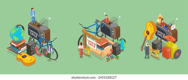 3D Isometric Flat Vector Illustration of Garage Sale, Flea Market, Bazaar