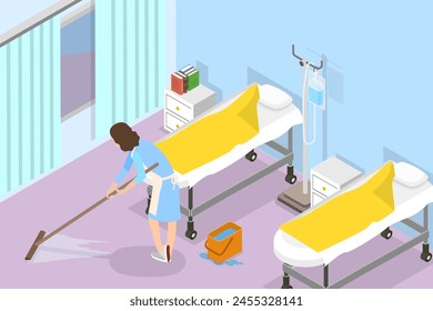 Ilustración vectorial plana isométrica 3D de piso hospitalario de trapeo, servicio de limpieza