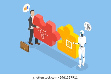 3D Isometric Flat Vector Illustration of Human and AI Working Together, Artificial Intelligence Collaboration