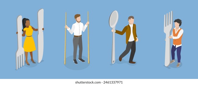 3D Isometric Flat Vector Illustration of Kitchen Utensils, People Holding Knife, Spoon, Fork and Chopsticks