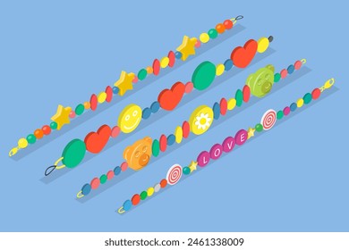 3D Isometric Flat Vector Illustration of Various Bracelets , Kidcore Jewelry