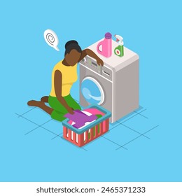 3D Isometric Flat Vector Illustration of Exhausted Housewife , Sad Tired Woman