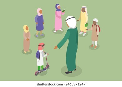 3D Isometric Flat Vector Illustration of Muslim Schoolchildren , School Teacher and Students