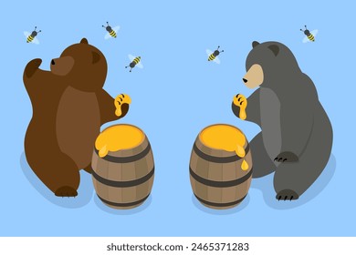 3D Isometric Flat Vector Illustration of Bear Eating Honey, Sticky Nectar on the Paw