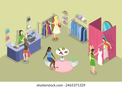 Ilustración vectorial plana isométrica 3D de la tienda de ropa, interior de la sala de exposición