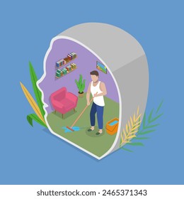 Ilustración vectorial plana isométrica 3D de la desintoxicación y purificación cerebral, desembocadura mental