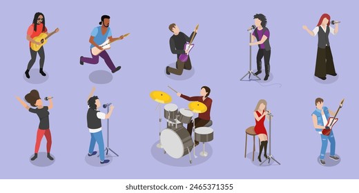 Ilustración vectorial plana isométrica 3D de músicos de Rock, Artistas jóvenes que tocan Instrumentos de música