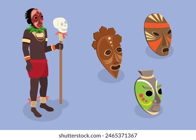3D Isometric Flat Vector Illustration of African Shaman, Indigenous Tribe Member