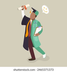 3D Isometric Flat Vector Illustration of Motivated University Student, Nurse Education