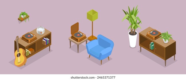 3D Isometric Flat Vector Illustration of Retro Style Apartment, Cozy Home