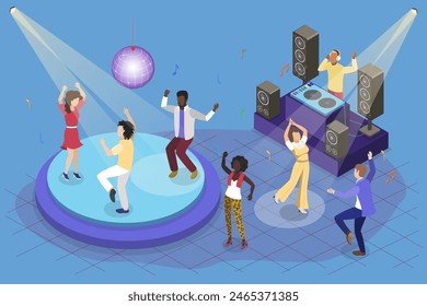 3D Isometric Flat Vector Illustration of Disco Club People, Nightlife Youth Event