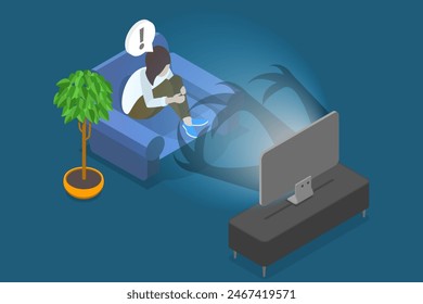 3D Isometric Flat Vector Illustration of Scary Movie, Evening Entertainment