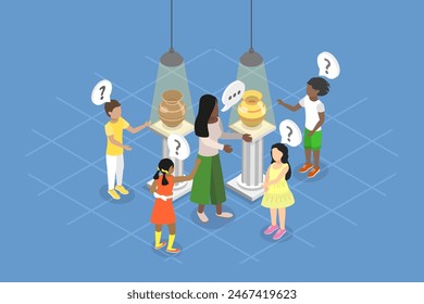 3D Isometric Flat Vector Illustration of Group Of Curious Kids in Gallery or Museum, Children at Excursion