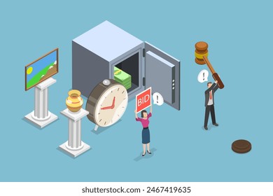 3D Isometric Flat Vector Illustration of Auction Bidding, Bidder, Buyer and Auctioneer