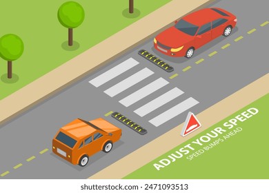 Ilustración vectorial plana isométrica 3D de las reglas de conducción del coche de seguridad, señal de advertencia de choque de velocidad por delante