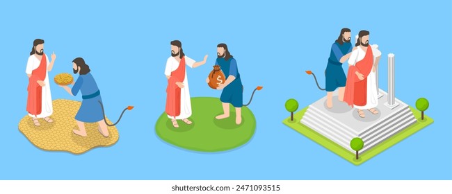 3D Isometric Flat Vector Illustration of Christ Tempted by Devil, Biblical Scenes