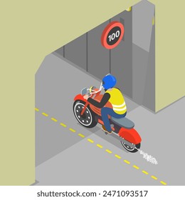 3D Isometric Flat Vector Illustration of Driving Motorcycle, Safe Motobike Riding