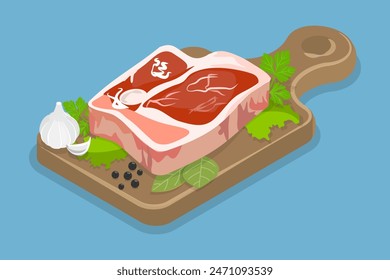 3D Isometrische Flache Vektorillustration von rohem Beaf Steak, Frischfleisch für Grill