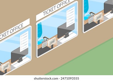 3D Isometric Flat Vector Illustration of Ticket Office, Travel and Trip